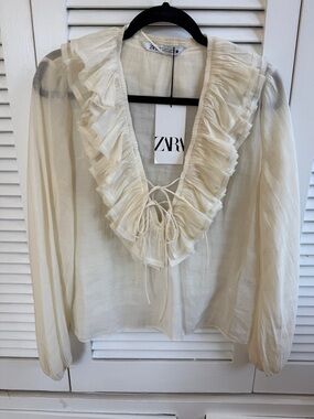 ZARA Cream Ruffle V-Neck Tie-Front Blouse